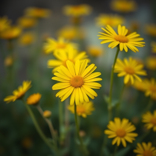 yellow daisies in full bloom with a blurred background, macro shot, f/2.8 aperture, 50mm lens, ISO 100, natural light, shallow depth of field, DSLR camera