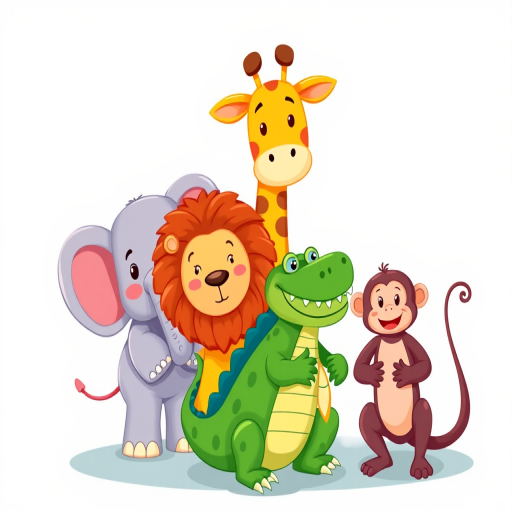 Create a vibrant illustration of a cartoon elephant, giraffe, lion, crocodile, and monkey all standing together in a colorful, playful style, using a DSLR camera with a 50mm lens at f/2.8, ISO 100, and a wide angle view to enhance clarity and detail.