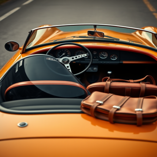 Capture a vintage sports car from a rear three-quarter angle with a focus on details like the dashboard and leather bag, using a DSLR camera, f/2.8 aperture for a shallow depth of field, ISO 100 for clarity, and a lens focal length of 50mm to emphasize the craftsmanship and textures.