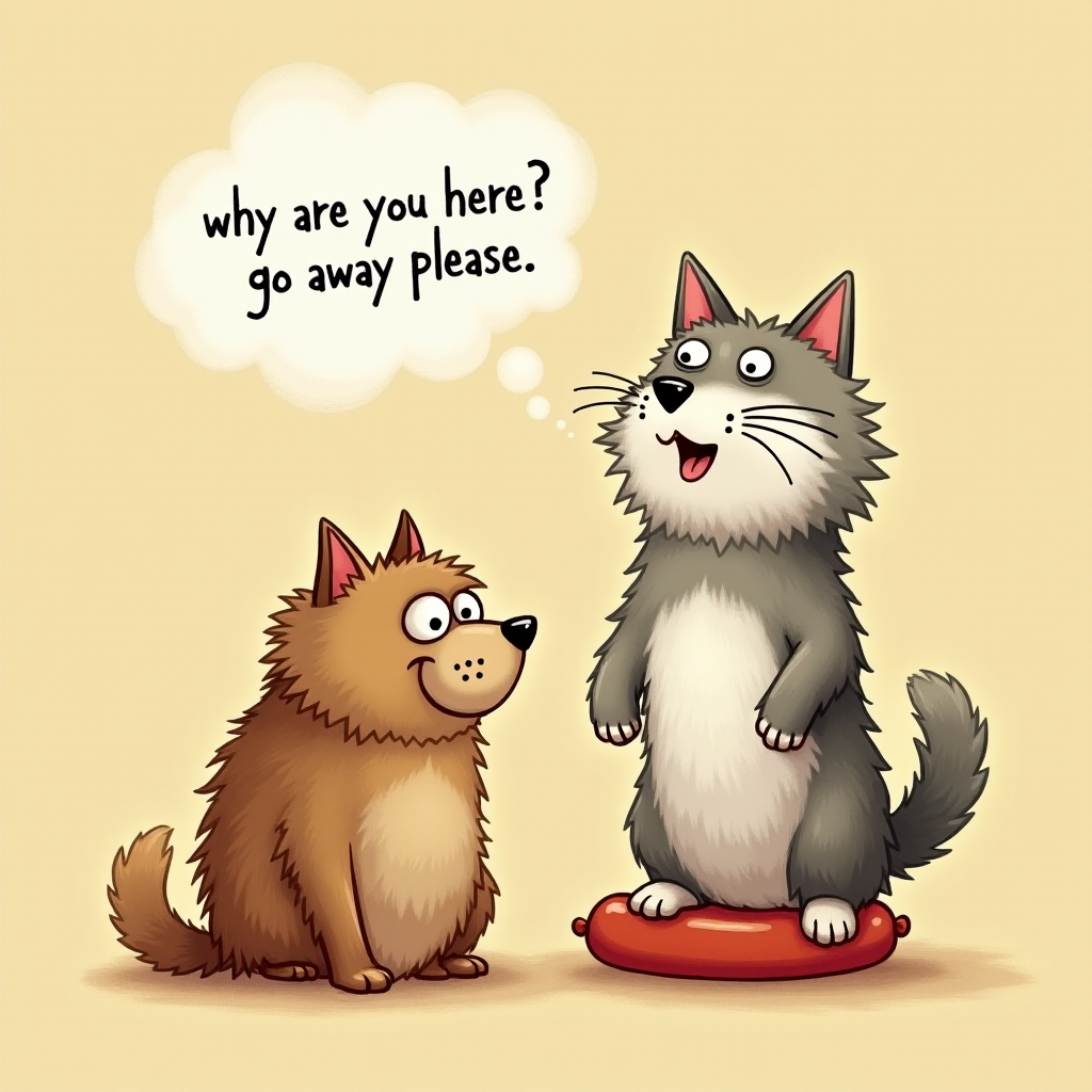 caricature of a silly whimsical fluffy cat with a mean look she has one foot on a sausage and is looking at an old scraggly big dog the cat has a thought bubble above her head that says “why are you here? go away please"