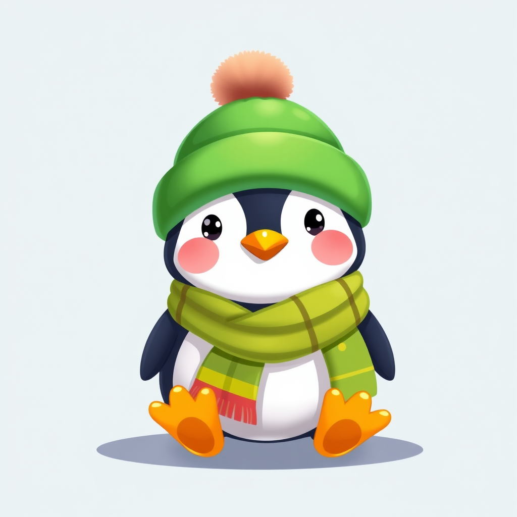 Create a digital illustration of a cute penguin wearing a green hat and scarf, front view, high resolution, using a soft focus style, at 300 DPI, with vibrant colors and smooth shading for a cartoonish effect.