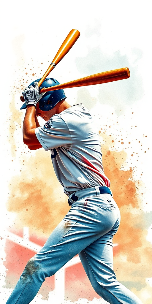 Create a digital illustration of a baseball player swinging a bat with an artistic watercolor effect, using a Canon EOS R5 camera with a 85mm f/1.2 lens, ISO 100, aperture f/2.8, and a shallow depth of field.