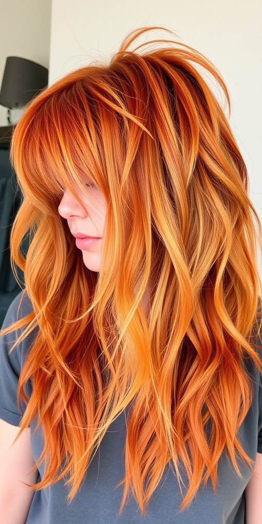 Burnt orange shaggy mullet with honey blonde highlights, known as "Desert Sunset" style, featuring choppy layers and a textured fringe