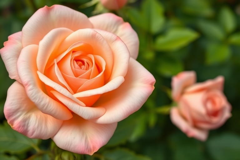 Close-up of a soft peach rose in full bloom with green foliage in the background, shot with a Canon EOS R, 50mm lens, aperture f/2.8, ISO 100, using natural lighting for vibrant color enhancement.