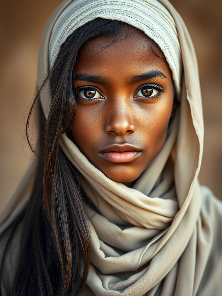 Create a portrait of a young Nubian female with long, dark hair and captivating hazel eyes. She is wearing a white headscarf and a matching scarf draped gracefully around her neck. The background is softly blurred, focusing attention on her serene and natural expression. The overall color palette is muted and warm, enhancing the intimate and authentic feel of the portrait.