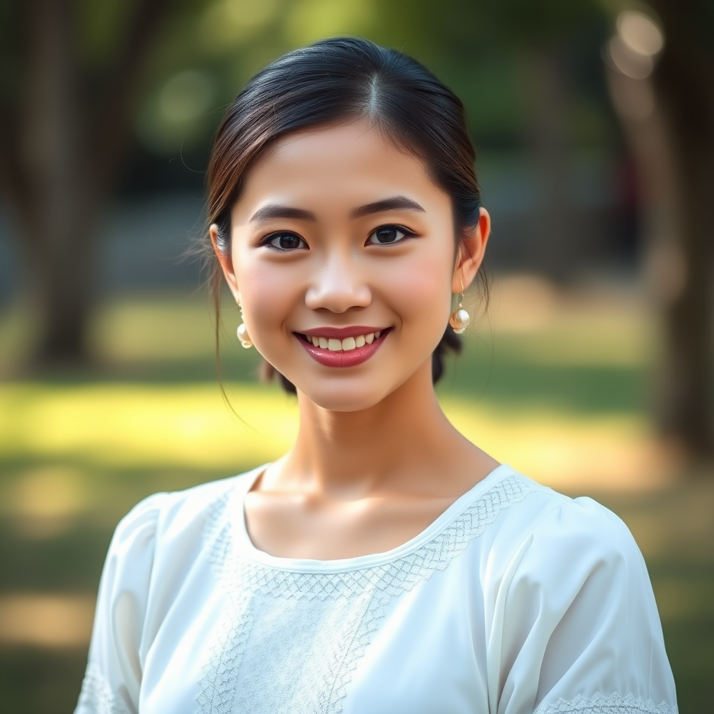 portrait of a young woman wearing a traditional white dress smiling outdoors, natural light, shallow depth of field, 85mm lens, f/1.8, ISO 100, 1/200s, soft bokeh background, taken with a DSLR camera