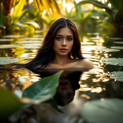 Generate a serene portrait of a woman with long dark hair floating in calm water, surrounded by lush green plants in a tropical setting, captured with a Canon EOS R5, 50mm lens, f/1.8 aperture, ISO 100, at golden hour lighting for soft and warm tones.