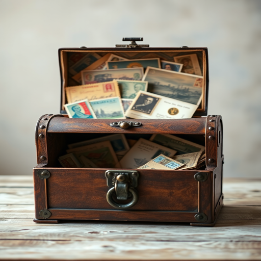 Create a high-resolution image of an open vintage treasure chest adorned with antique postcards and stamps inside a soft focus background, using a DSLR camera with a 50mm lens, f/2.8 aperture, ISO 100, and natural lighting to enhance details and colors.