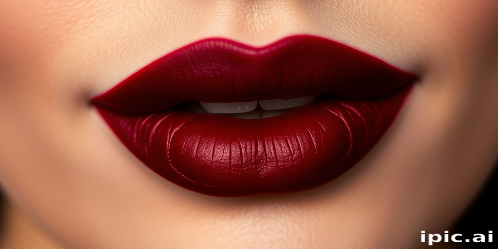 Romantic burgundy lips with a velvet matte finish, exuding sophistication and mystery, ideal for evening wear and formal occasions