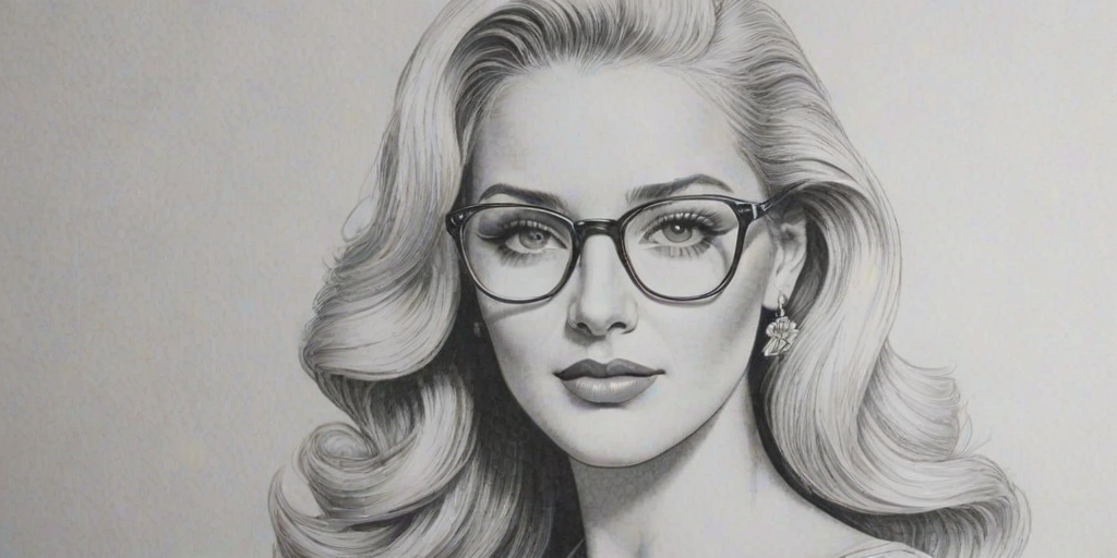 Splendid Erika Jayne, pencil sketch, portrait of Enchanting woman 1940s in glasses, hair style beatnik, outline, clear lines, fine lines, 8k