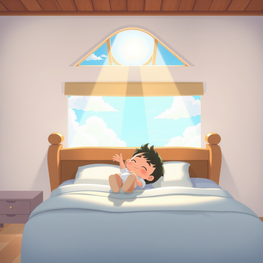 Create an image of a cartoon scene showing a person lying on a bed, with sunlight streaming in from above, a blue sky, fluffy clouds, and a simple wooden bed frame, using a high-resolution digital camera with a 50mm lens, aperture f/2.8, ISO 100, soft lighting, and a slight vignette effect for a dreamy atmosphere.