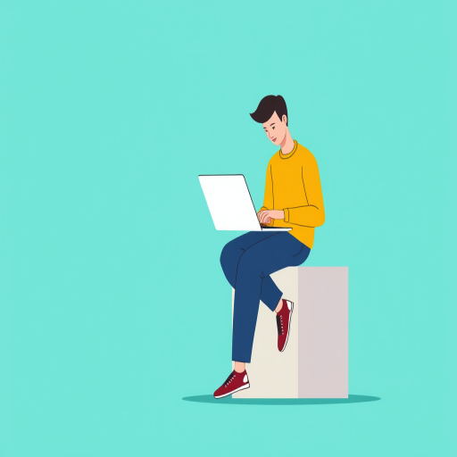Illustrate a person sitting on a cube working on a laptop, modern flat design, bright turquoise background, use a DSLR camera with a 50mm lens, aperture f/1.8, ISO 100, soft natural lighting, straight-on view for clarity.