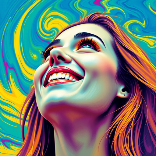 Generate a psychedelic portrait of a woman's happy face with brushstrokes of a woman smiling and looking up at the sky, emphasizing bright and bold colors. The dominant color should be deep blue, with swirling patterns of yellow, green, pink, purple and orange. open blue eyes with long eyelashes, apply an orange-yellow eyeshadow for a mesmerizing effect.