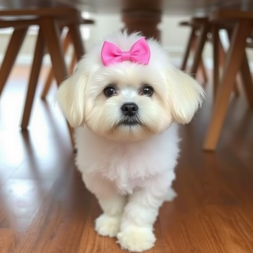 A small fluffy white dog with a pink bow on its head standing on a wooden floor under a table surrounded by chair legs. The dog has a curious expression and is looking directly at the viewer.
