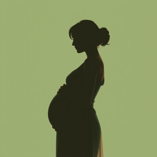 Generate a digital illustration of a silhouette of a pregnant woman in profile, wearing a light dress, against a muted green background, using a soft focus effect, 50mm lens, f/1.8 aperture, and natural light for enhanced depth and detail.
