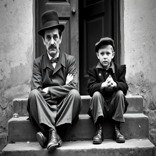A black-and-white photograph of a man and a child sitting on steps in front of a doorway. The man is dressed as a tramp with a bowler hat, mustache, and ragged clothes, reminiscent of Charlie Chaplin's iconic look. He is sitting with his arms crossed and an expression of slight sadness or frustration. Next to him is a young boy, also in worn clothes and a cap, sitting with his hands clasped, looking thoughtful. The background is an old, textured wall and a partially open door, creating a vintage, early 20th-century atmosphere.