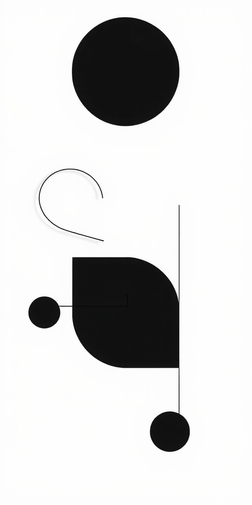 Generate an abstract minimalist design featuring a series of interconnected shapes in a monochrome palette, using a DSLR camera with an f/2.8 aperture, 50mm lens, shot from a top-down view, high-resolution for sharp details.