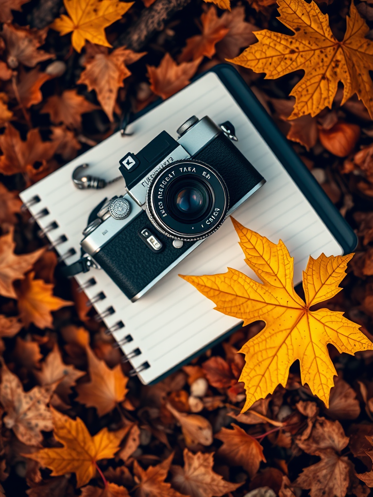 vintage camera on a notebook surrounded by autumn leaves, with a bright yellow maple leaf to the side, shallow depth of field, aperture f/2.8, ISO 100, 50mm lens, natural lighting, top-down view, DSLR camera