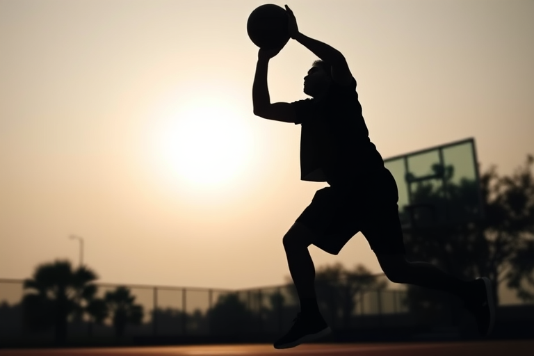 Generate a dynamic silhouette of a person in mid-action throwing a basketball with a focus on motion, using an aperture of f/2.8, ISO 100, and a shutter speed of 1/1000s, taken from a low-angle view with a wide-angle lens, utilizing a DSLR camera for enhanced clarity and detail.
