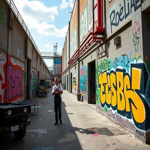 Vibrant street art decorating an industrial area, splashes of bright color against the gray concrete, with graffiti artists adding final touches.