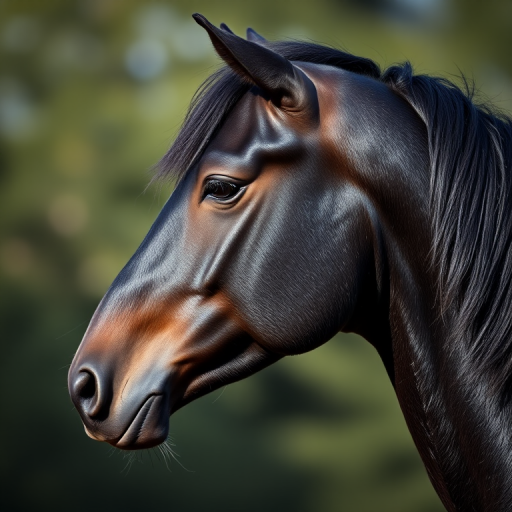 A close-up shot of a majestic black horse's profile, with a soft bokeh background, taken with a DSLR camera, f/2.8 aperture, 50mm lens, ISO 100, natural lighting, capturing the sheen of its coat and the details of its features.