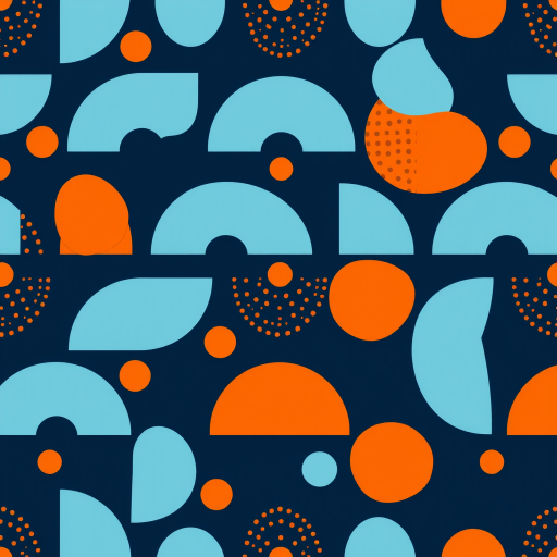 Create a seamless pattern of geometric shapes featuring light blue semicircles, brown dotted circles, and solid orange circles on a deep navy background, shot with a DSLR camera at f/8, 1/60s, ISO 200, top-down view, with a focus on sharpness and vibrant colors.