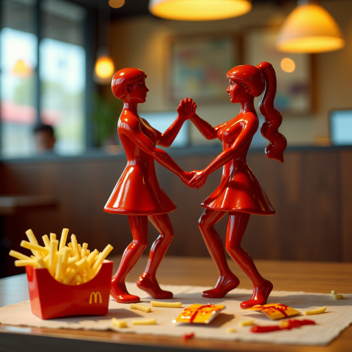 A hyperdetailed image of a woman made entirely of ketchup dancing with a stick figure man made of french fries, placed on a table at a McDonald's restaurant. Add a McDonald's french fry box and some open, empty ketchup packets to the table.