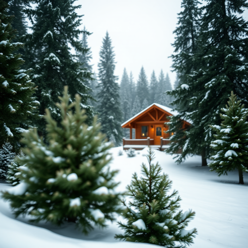 snowy landscape with a cozy cabin surrounded by evergreen trees, soft focus, wide-angle view, DSLR, f/8 aperture, ISO 200, 24mm focal length, overcast lighting for a serene atmosphere