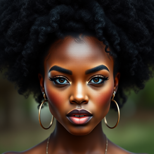 Create a high-resolution vector illustration of a woman with an exaggerated black afro hairstyle and bold features, captured using a DSLR camera at f/1.8 aperture, ISO 100, 50mm lens, natural lighting, in a front view perspective with a soft focus background.