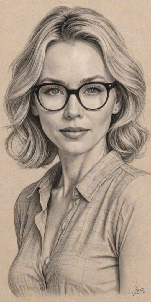 Bewitching Naomi Watts, pencil sketch, portrait of Splendid woman 1944s in glasses, hair style beatnik, outline, clear lines, fine lines, 8k