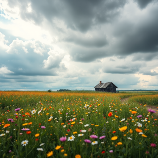 Create a high-resolution, impressionistic landscape of a solitary house in a field of wildflowers under a dramatic, cloudy sky, using a DSLR camera with a 50mm lens at f/2.8, ISO 400, and a shutter speed of 1/250s, capturing the scene from a slightly elevated angle for depth.