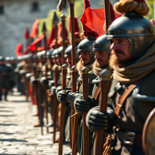medieval soldiers marching in formation, high detail, natural lighting, 50mm lens, f/1.8 aperture, ISO 100, shallow depth of field, DSLR camera, vibrant colors, dynamic angle