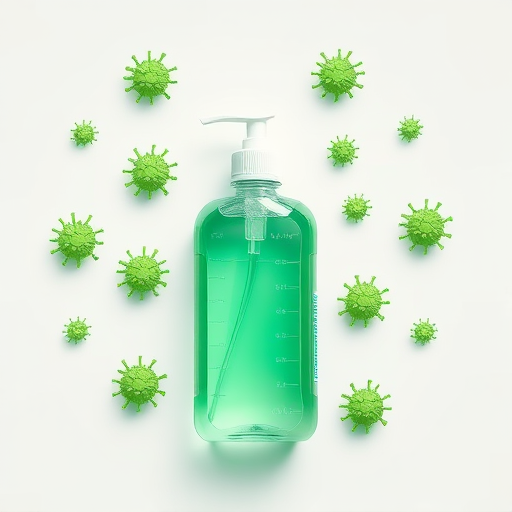 create a high-resolution vector illustration of a hand sanitizer bottle with green virus icons surrounding it, using a soft color palette, camera settings: ISO 100, aperture f/8, shutter speed 1/125, camera view: top-down perspective, camera style: flat lay, camera type: digital illustration
