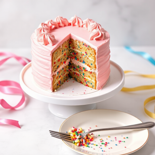 A beautifully decorated cake on a white cake stand with a slice cut out showing colorful sprinkles inside and topped with pink frosting served on a plate with a silver fork beside it and ribbons in the background.