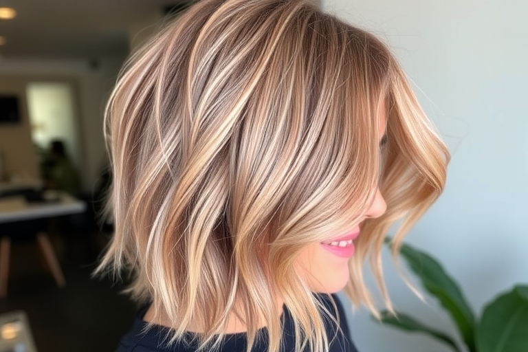 Soft rose gold lob named "Blush Horizon" with subtle root shadow and tousled waves, styled with a deep side part and effortless lived-in texture