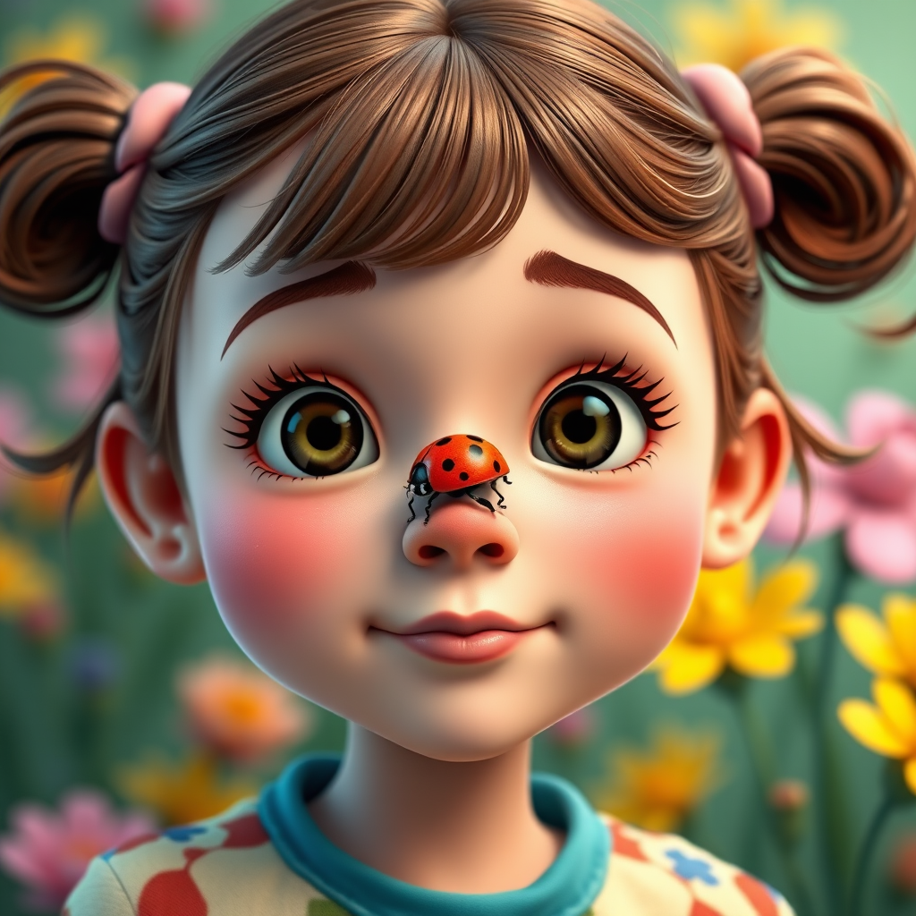 whimsical comical cartoon art Quentin Blake style, closeup portrait view of a cute girl with two ponytails in her hair, an adorable ladybug sits on her nose, funny children’s book illustration with bright colors and flowers in the background