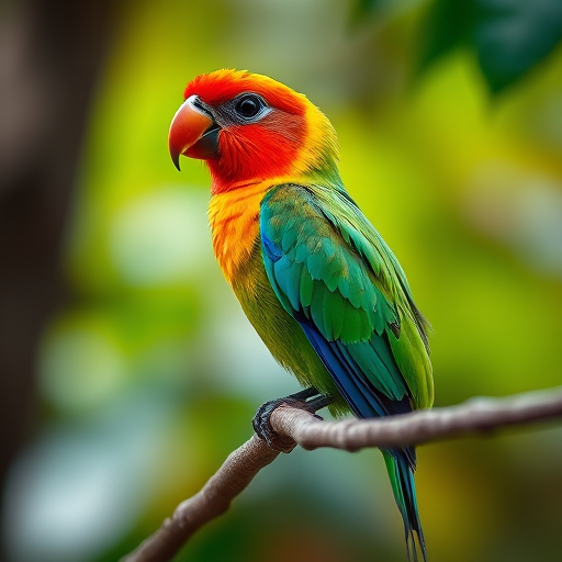 Capture a vivid image of a tropical bird perched on a branch, using a DSLR camera at f/4 aperture, 1/100s shutter speed, ISO 200, with a 70-200mm lens, taken from a side angle with a blurred background to enhance focus on the bird and its colors.