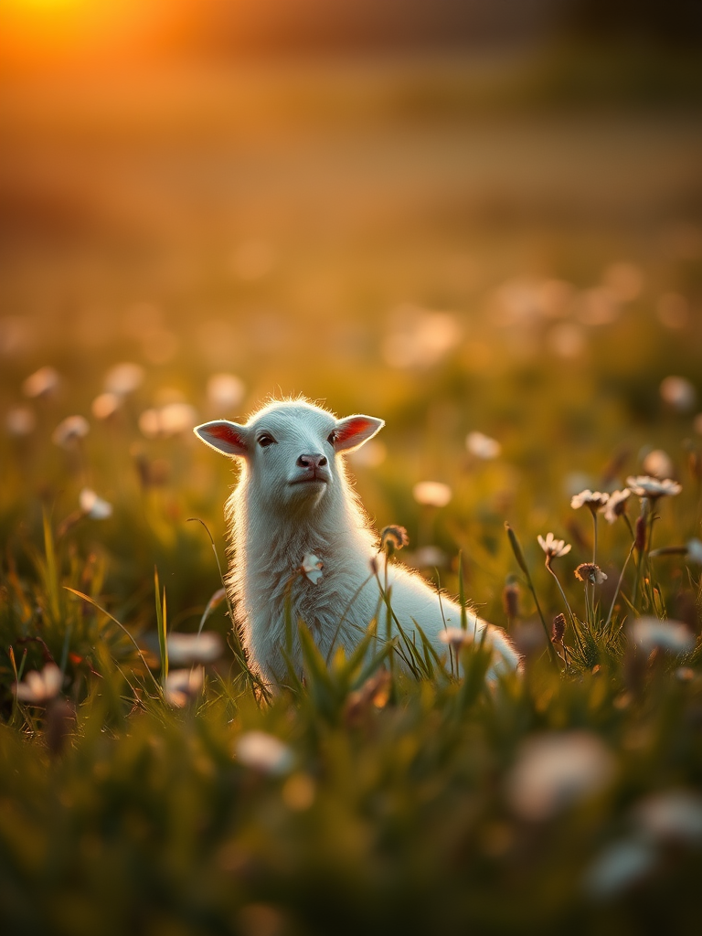 white ermin sitting in a field during golden hour with soft focus, shallow depth of field, f/2.8, 1/200s, ISO 100, 85mm lens, taken with a DSLR camera
