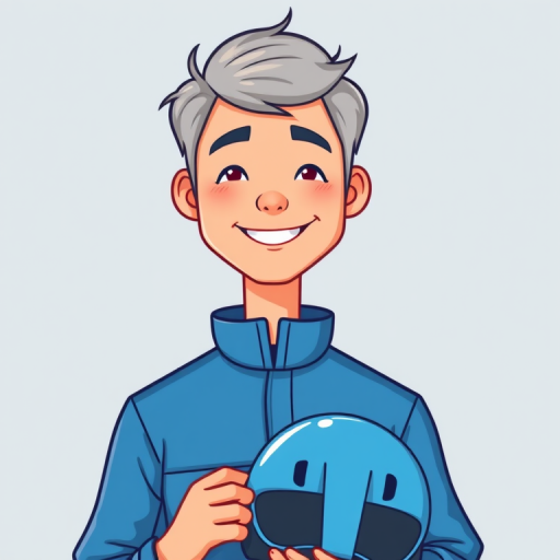 Create a vector illustration of a smiling person with short gray hair wearing a blue jumpsuit and holding a blue helmet, use a clean design style, and ensure vibrant colors, camera settings: f/4, ISO 100, 1/125s, camera view: front view, camera style: flat design, camera type: digital illustration.