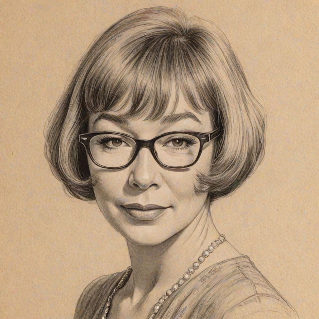 Fetching Shirley MacLaine, pencil sketch, portrait of Beauteous woman 1926s in glasses, hair style beatnik, outline, clear lines, fine lines, 8k