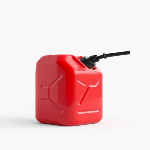 Create a high-resolution 3D rendering of a red jerry can with a black spout, viewed from a slightly elevated angle, using a DSLR camera with a 50mm lens, aperture f/2.8, ISO 100, and focal length 50mm, with soft studio lighting and a white background for an enhanced, realistic look.