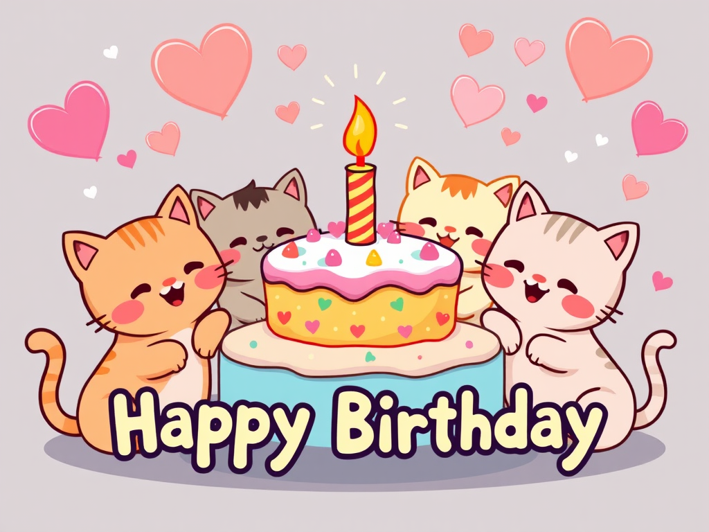 Cute cartoon cats celebrating a birthday with a colorful cake that has a candle on top surrounded by hearts and the text Happy Birthday in a playful font.