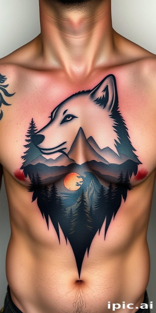 Striking negative space tattoo on the chest and shoulders revealing a scenic landscape within the silhouette of a wolf with precise linework and shading