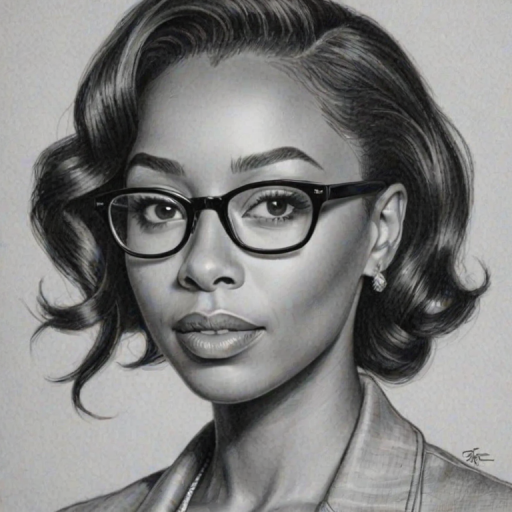 Resplendent Erica Ash, pencil sketch, portrait of Stunning woman 1954s in glasses, hair style beatnik, outline, clear lines, fine lines, 8k