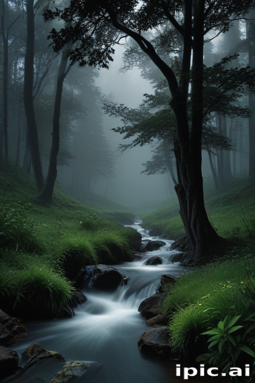 Tranquil Misty Forest with a Gentle Stream Flowing Through Lush Greenery