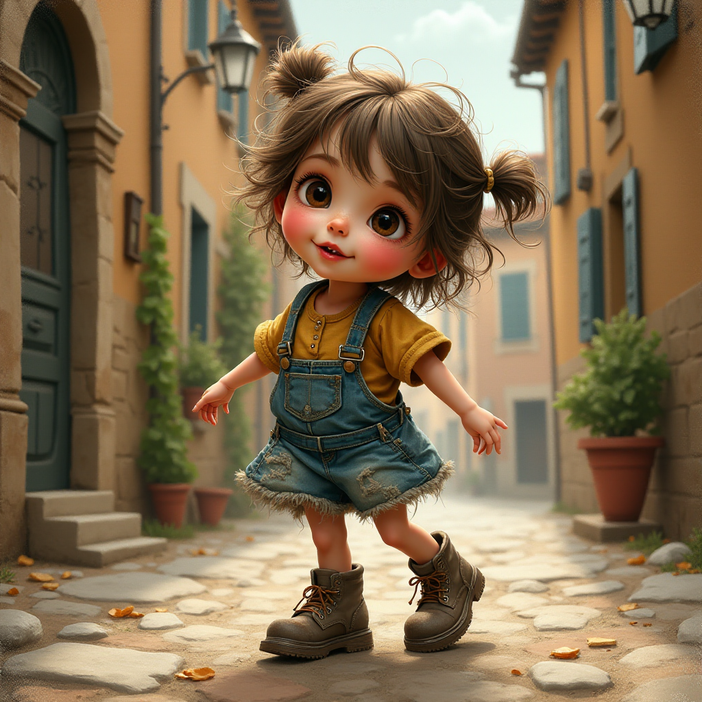 Whimsical little 3-year-old girl wearing scruffy tomboy clothes, boots, messy hair heavily blushed cheeks, pink lips, closely dancing in the street of an Italian village,Textured painterly fantasy artistic mixed media
