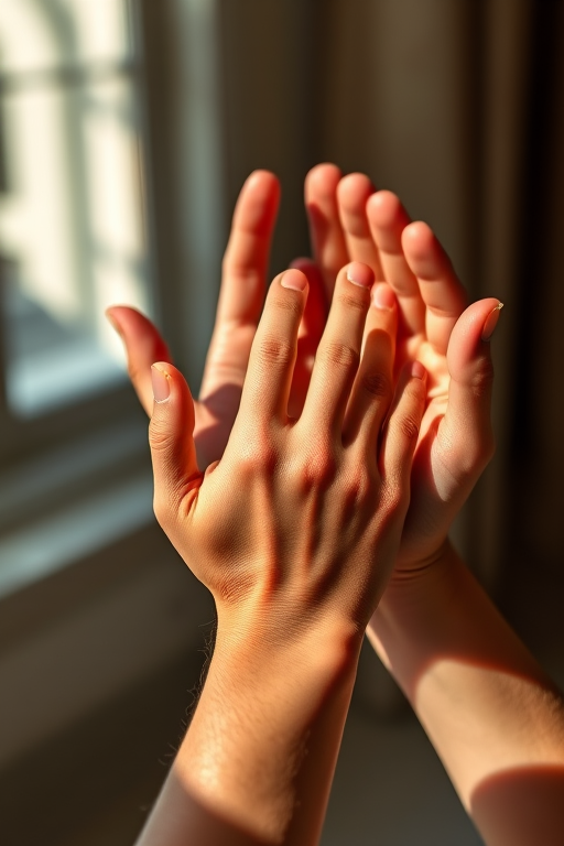 Regenerate an image of three hands in varying positions, close-up shot, illuminated with soft natural light, using a Canon EOS R5 camera, 50mm lens, f/2.8 aperture, ISO 100, 1/200 sec shutter speed, shallow depth of field to highlight the textures and details of the hands.