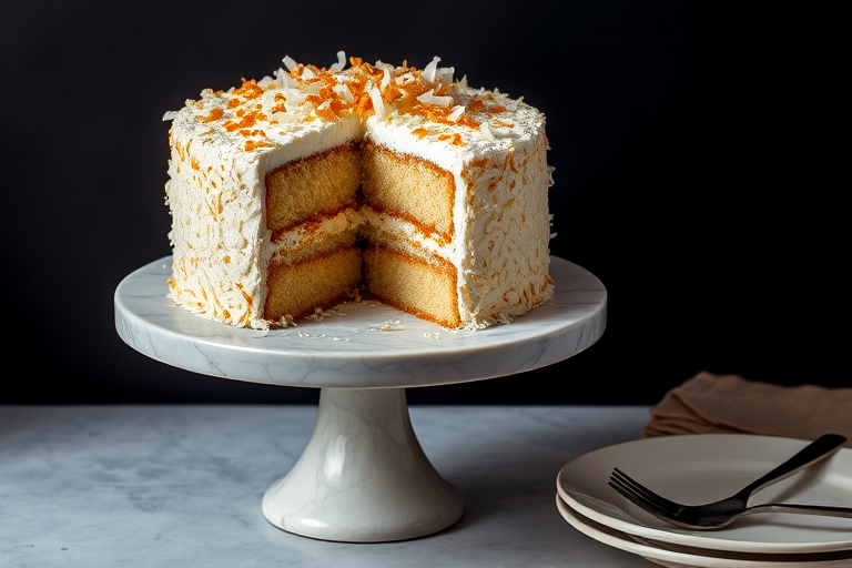 A beautifully decorated coconut cake on a marble cake stand with a slice cut out revealing the layers inside the cake topped with toasted coconut flakes set against a dark background with a fork and plate beside it.