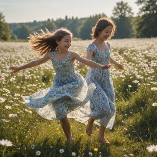 Blurry action shot of a young girl dancing in a field of daisies under a bright blue sky, with soft sunlight illuminating her flowing dress and wildflowers swaying around her.