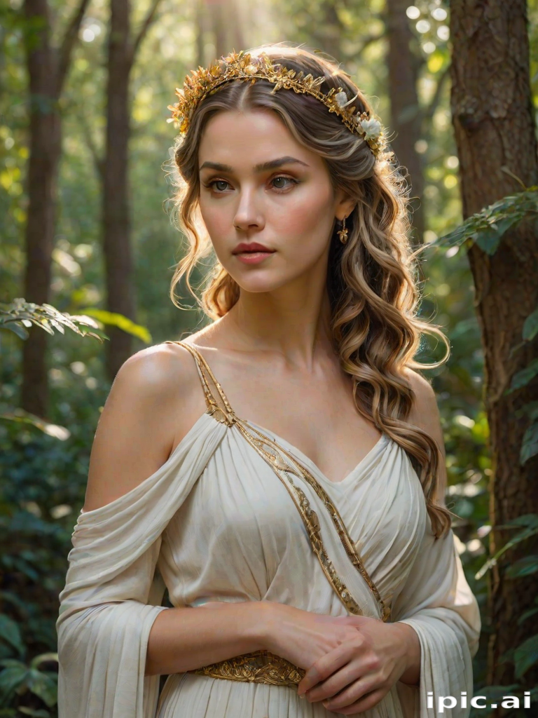 Create a portrait of a goddess-like female figure in a tranquil, forested environment. She has an elegant appearance with long, wavy hair styled in an updo and adorned with a delicate, floral headband. She wears a flowing, ancient Greek-inspired gown in a soft, pale color, featuring a one-shoulder design and draped fabric that accentuates her graceful form. The outfit includes a decorative belt with ornate gold detailing, and she holds a bow in her hand, with a quiver of arrows slung over her shoulder. The background depicts lush greenery, with sunlight filtering through the trees, casting a gentle, ethereal light on the scene. Her expression is calm and contemplative, embodying a sense of wisdom and serenity.